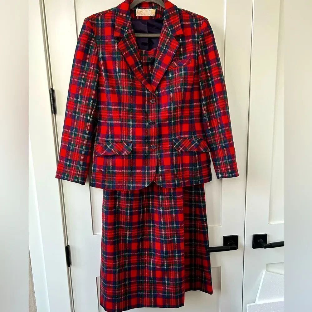 Vintage Pendleton Plaid Wool Maxi Skirt Suit Blazer Set